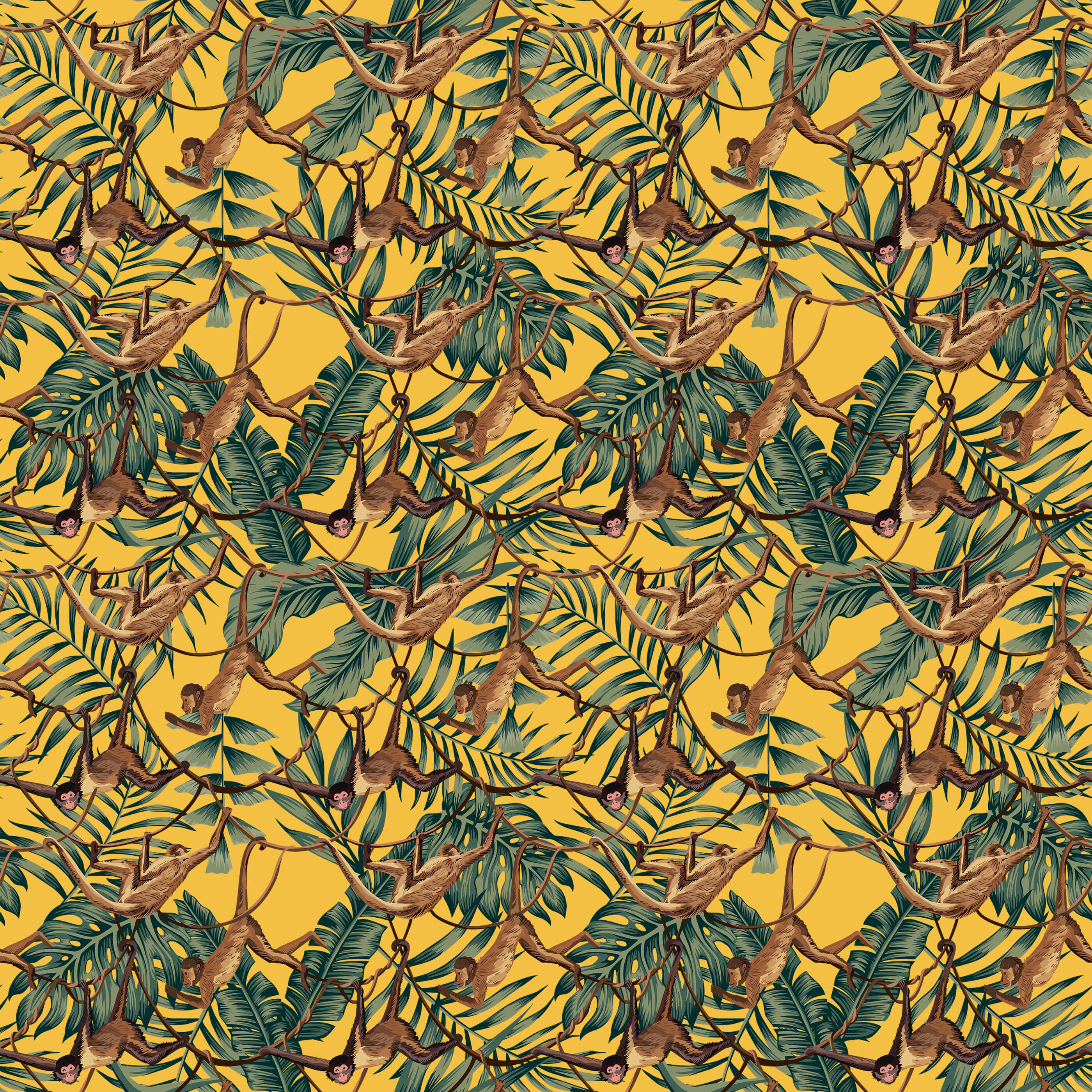 Bright yellow bradley fabric with brown monkeys hanging from green tropical leaves pattern