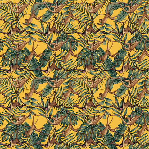 Bright yellow bradley fabric with brown monkeys hanging from green tropical leaves pattern