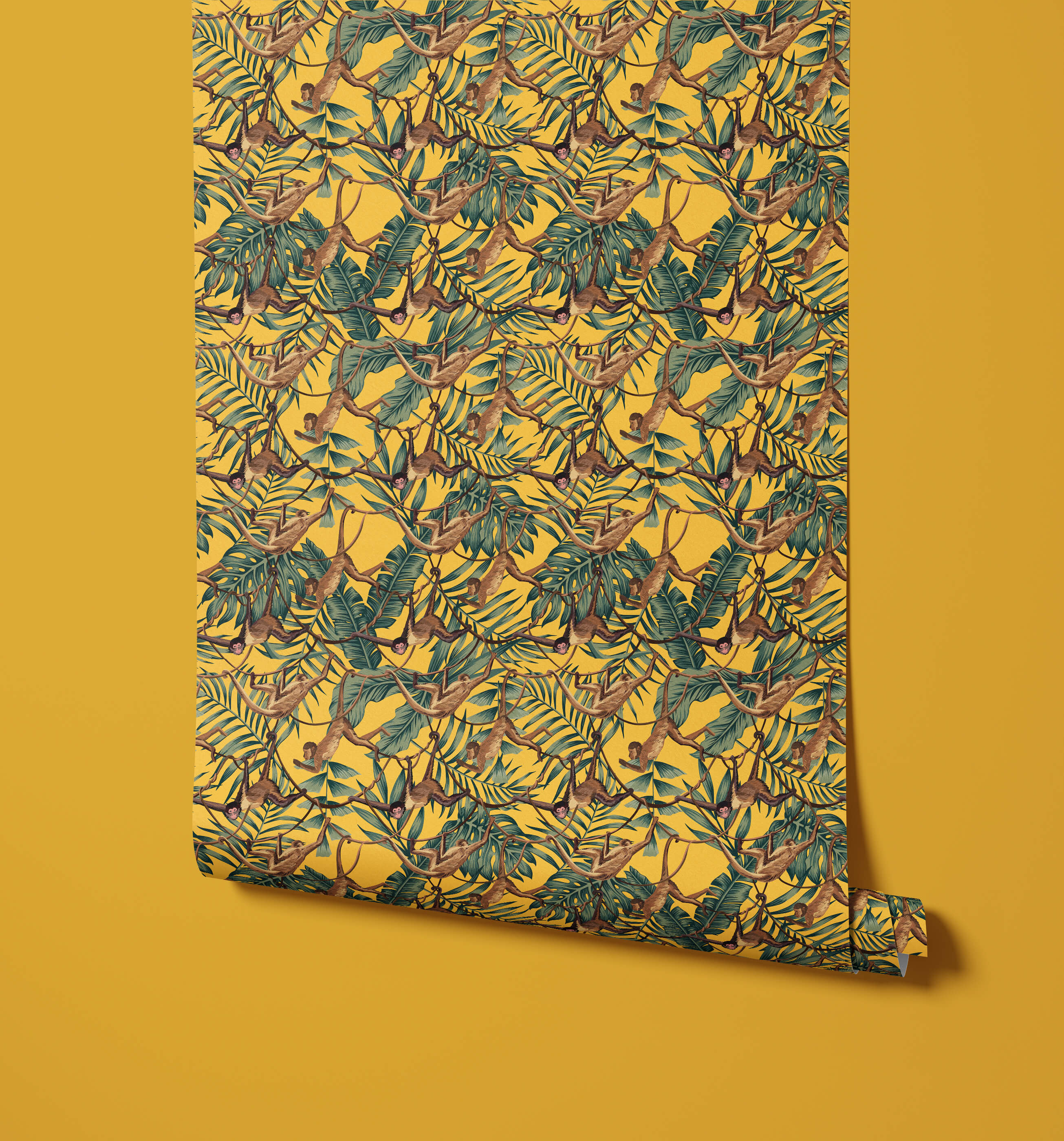 Bradley wallpaper with vibrant yellow background and brown monkeys swinging among lush green tropical leaves pattern