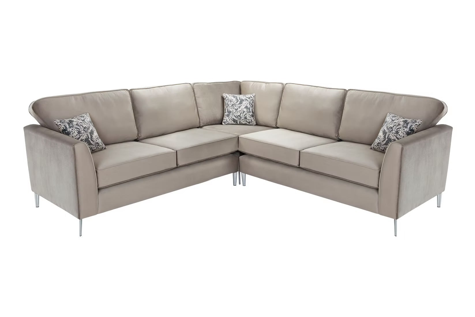 Beige upholstered brampton corner sofa with silver legs and patterned throw pillows offers custom options