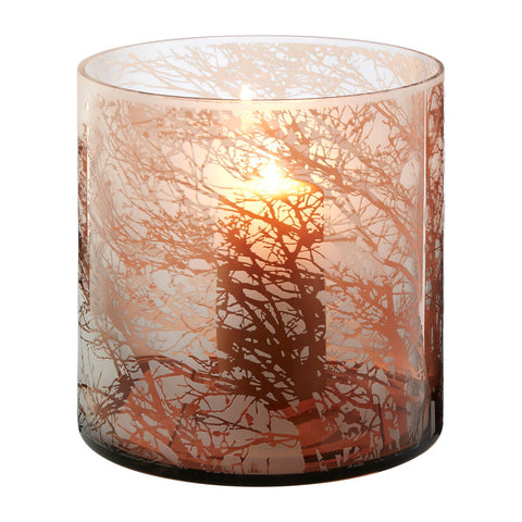 Branch medium glass hurricane candle holder with translucent amber glass and etched bare tree branch pattern