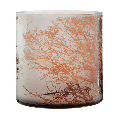 Branch medium glass hurricane candle holder with translucent glass and orange tree branch design etched on surface