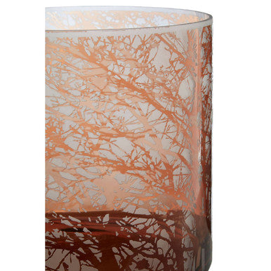 Medium glass hurricane candle holder with translucent amber and red glass featuring a delicate tree design