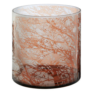 Clear medium glass hurricane candle holder with copper-toned tree branch pattern for elegant glass hurricane candle use