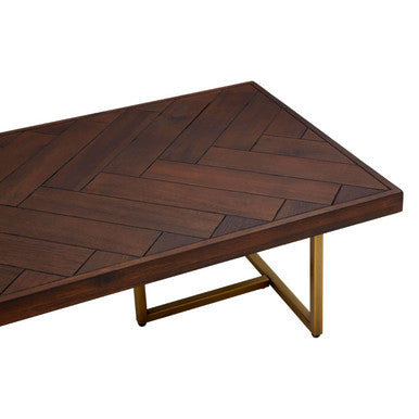 Dark brown wooden brando acacia wood effect coffee table with herringbone pattern and gold-toned metal legs