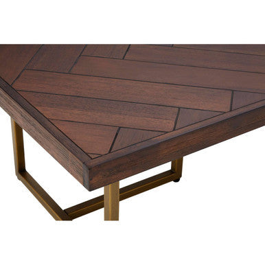 Dark brown brando acacia wood effect coffee table with herringbone top and gold toned metal legs