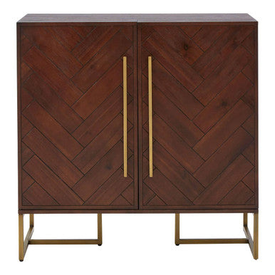 Dark brown brando drinks cabinet with herringbone acacia wood veneer and gold-tone metal handles and legs