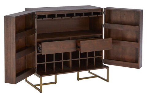 Dark wood brando drinks cabinet with gold legs featuring acacia wood veneer shelves drawers and bottle storage