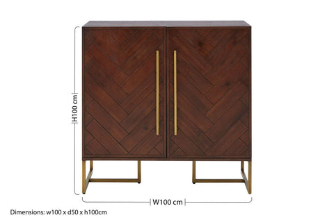 Brando dark acacia wood effect drinks cabinet with herringbone wood veneer doors and gold-tone handles on metal legs