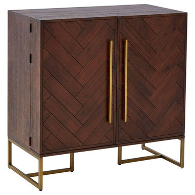 Dark wood brando drinks cabinet with herringbone acacia wood veneer and gold tone handles