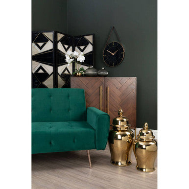Gold-toned ceramic urns with lids displayed on a brando acacia wood veneer drinks cabinet with wood veneer finish