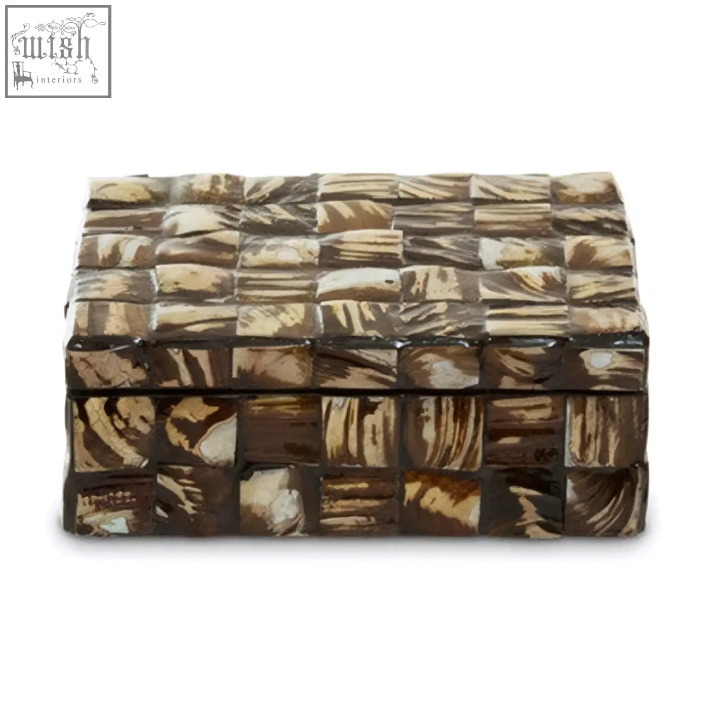 Branna small natural shell detail box with woven brown and cream bone pattern rectangular storage container