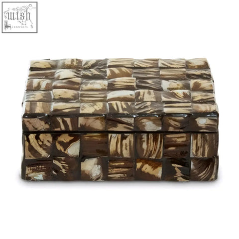Branna small natural shell detail box with woven brown and cream bone pattern rectangular storage container