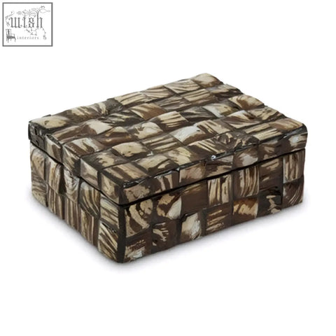 Branna small natural woven rectangular box with beige and brown basket-like textured shell detail design