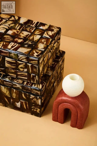 Branna small natural shell detail box with brown mosaic pattern and glossy finish for stylish storage use