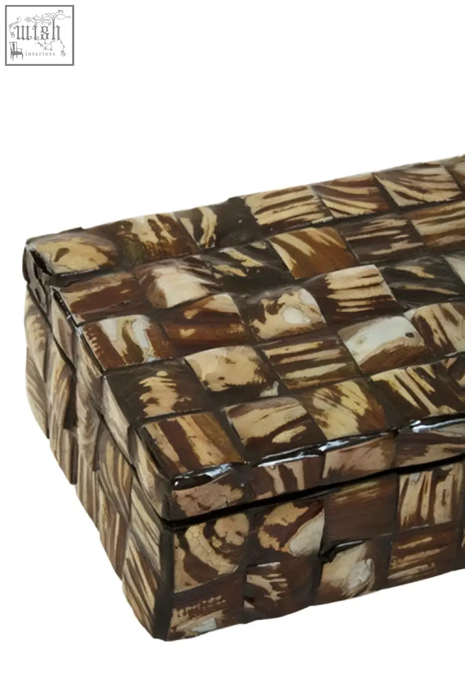 Branna small natural shell detail box in brown and cream mosaic pattern with glossy finish rectangular shape