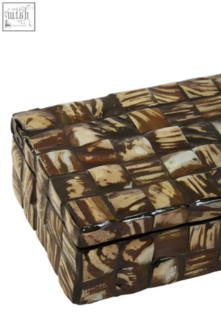 Branna small natural shell detail box in brown and cream mosaic pattern with glossy finish rectangular shape
