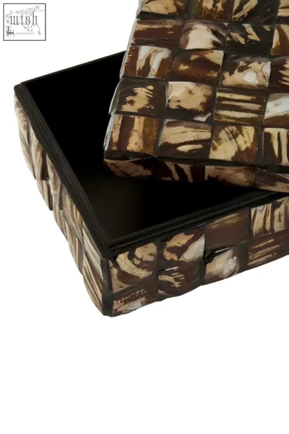 Branna small natural shell detail box with brown and cream mosaic pattern and black interior for decor storage
