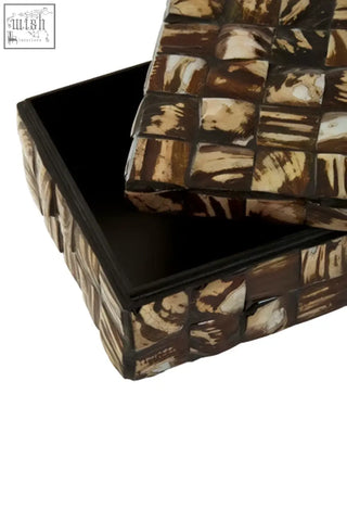 Branna small natural shell detail box with brown and cream mosaic pattern and black interior for decor storage