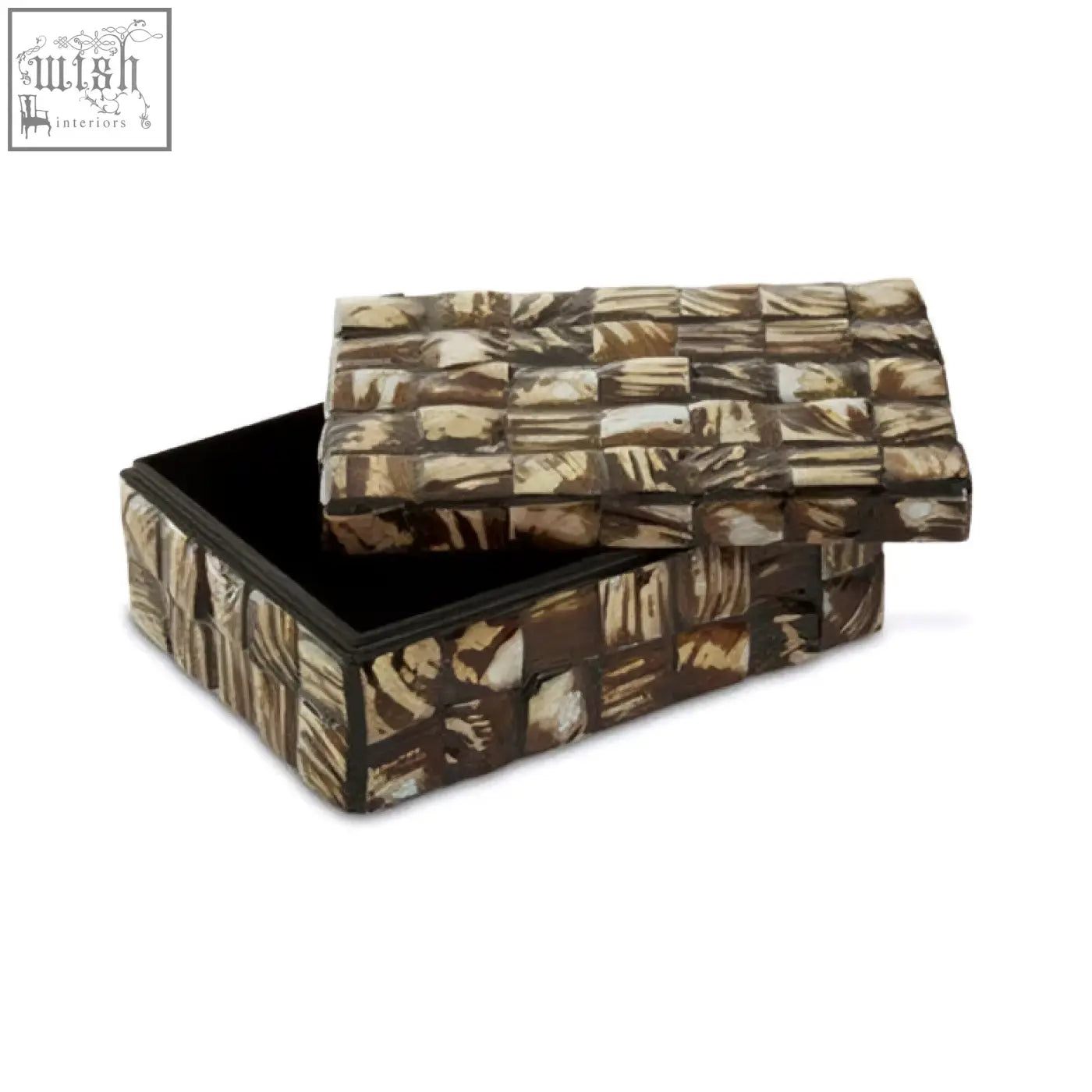 Branna small natural shell detail box is a brown and cream mosaic rectangular box with hinged lid