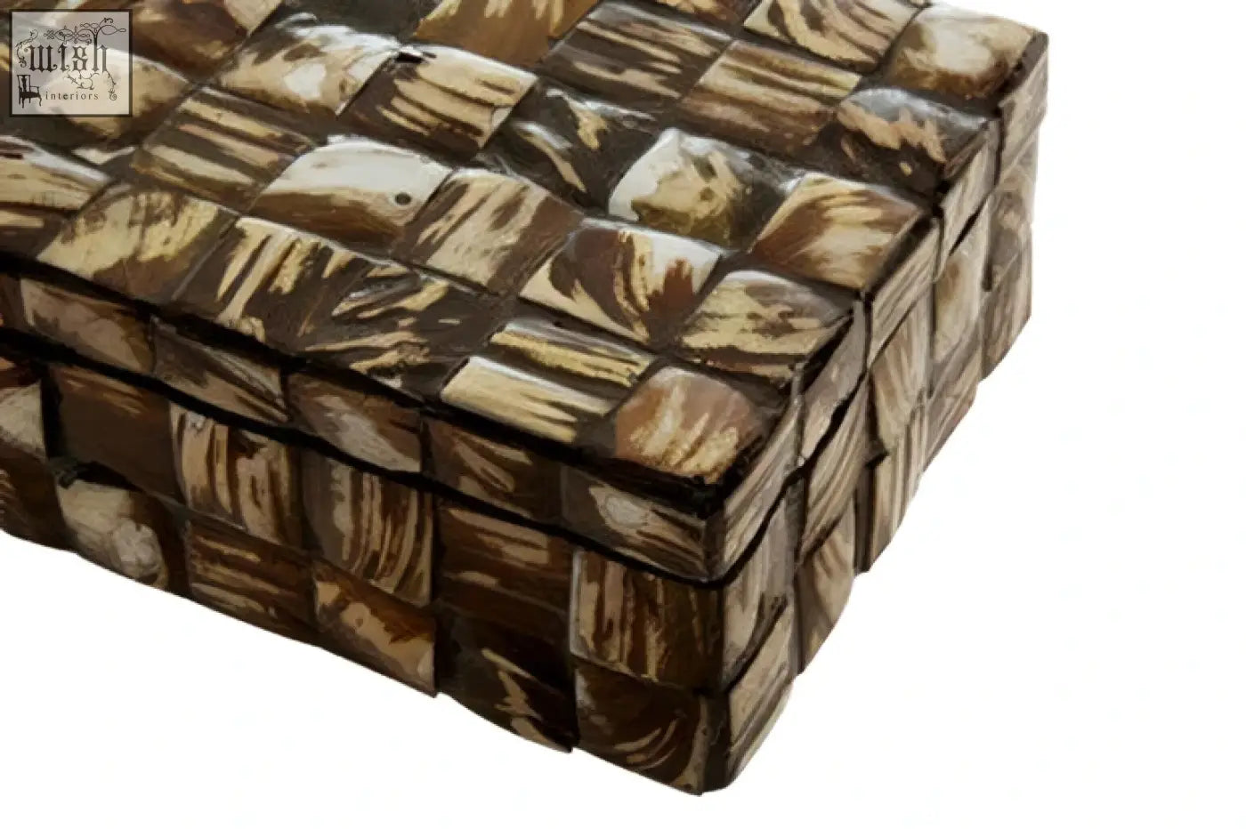 Branna small natural shell detail box with brown and cream mosaic pattern and woven textured surface