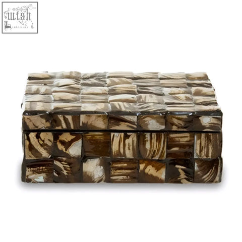 Branna small natural shell detail box with brown and cream mosaic rectangular design resembling natural bone