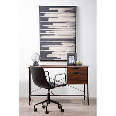 Branson black leather effect home office chair with metal frame and casters shown from the back side