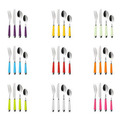 Brasserie 16pc cream cutlery set with colorful plastic handles and stainless steel blades in vibrant colors
