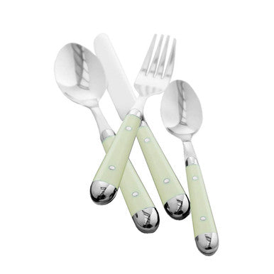 Set of four mint green handled stainless steel cutlery pieces with decorative dots from brasserie 16pc cream cutlery set
