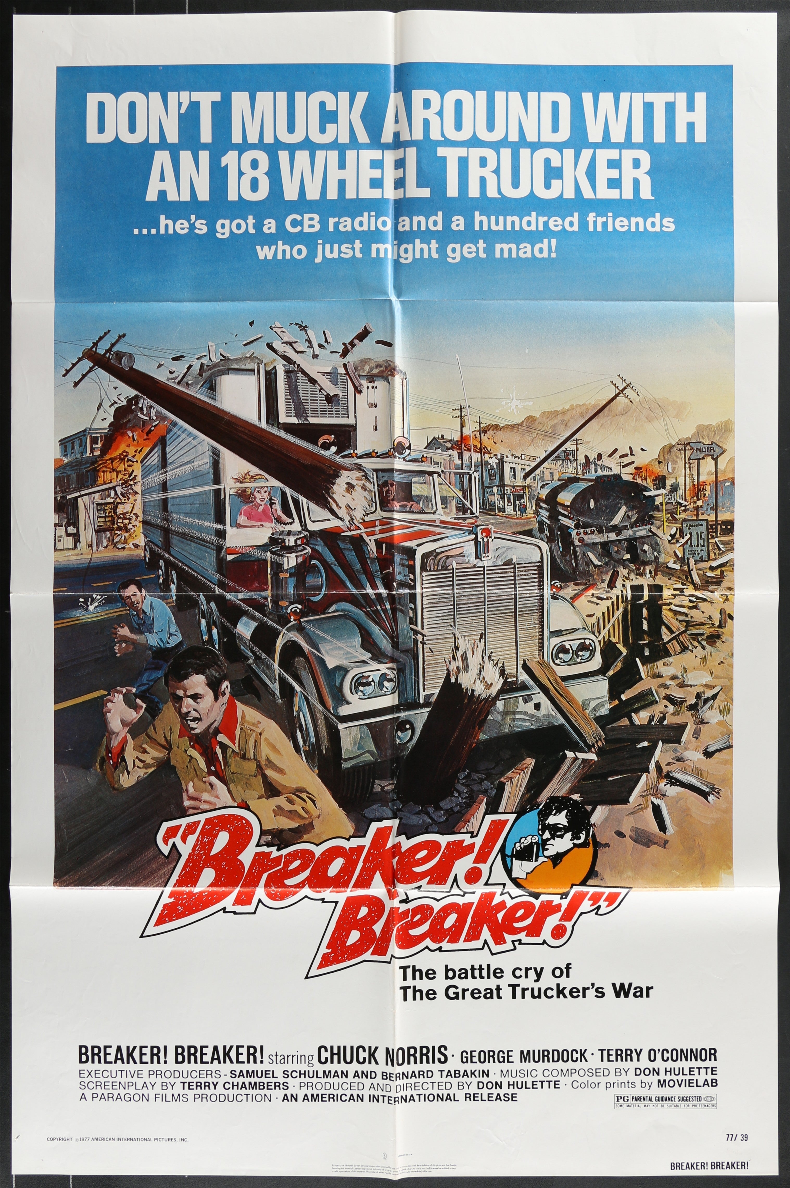 Vintage movie poster for breaker Breaker 1977 featuring a dramatic 18-wheeler truck in chaos original us one sheet