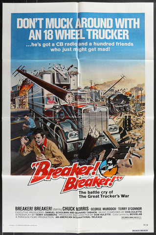 Vintage movie poster for breaker Breaker 1977 featuring a dramatic 18-wheeler truck in chaos original us one sheet