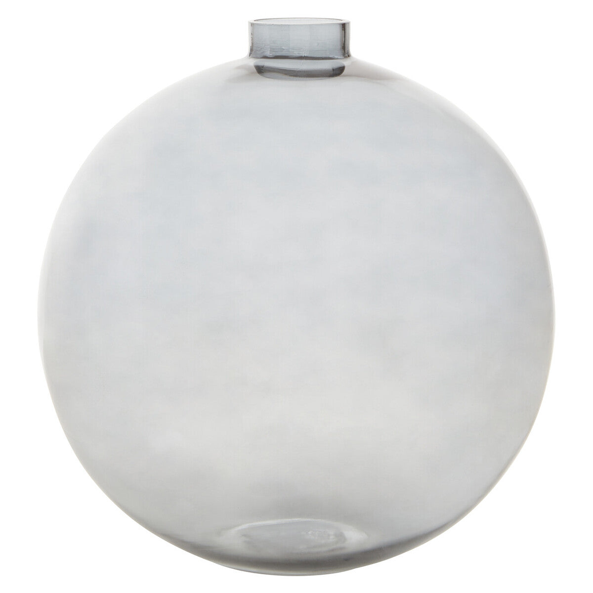 A bree grey glass vase made of translucent grey glass with a smooth rounded body and narrow cylindrical neck