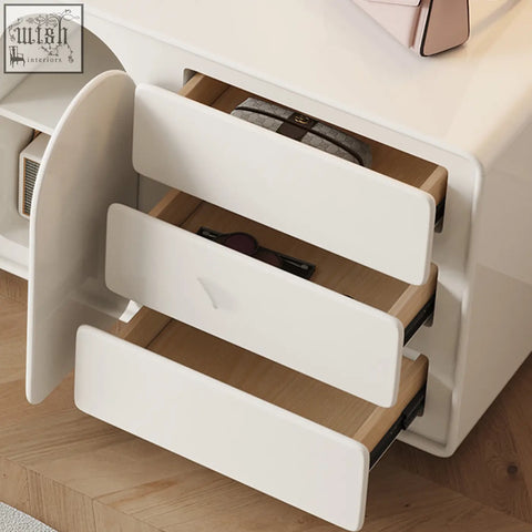 White glossy brennan dressing table with three sleek drawers and light wood interior for stylish storage