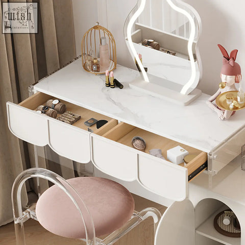 White marble-top brennan dressing table with curved drawer fronts and integrated led mirror for stylish storage
