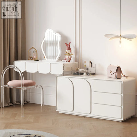 White modern brennan dressing table with curved drawer fronts scalloped edge detailing and simple assembly