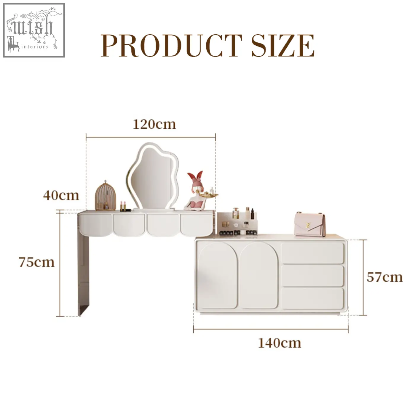 White modern brennan dressing table with curved edges and integrated mirror for simple assembly and sleek design