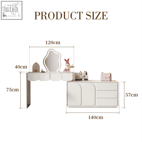 White modern brennan dressing table with curved edges and integrated mirror for simple assembly and sleek design