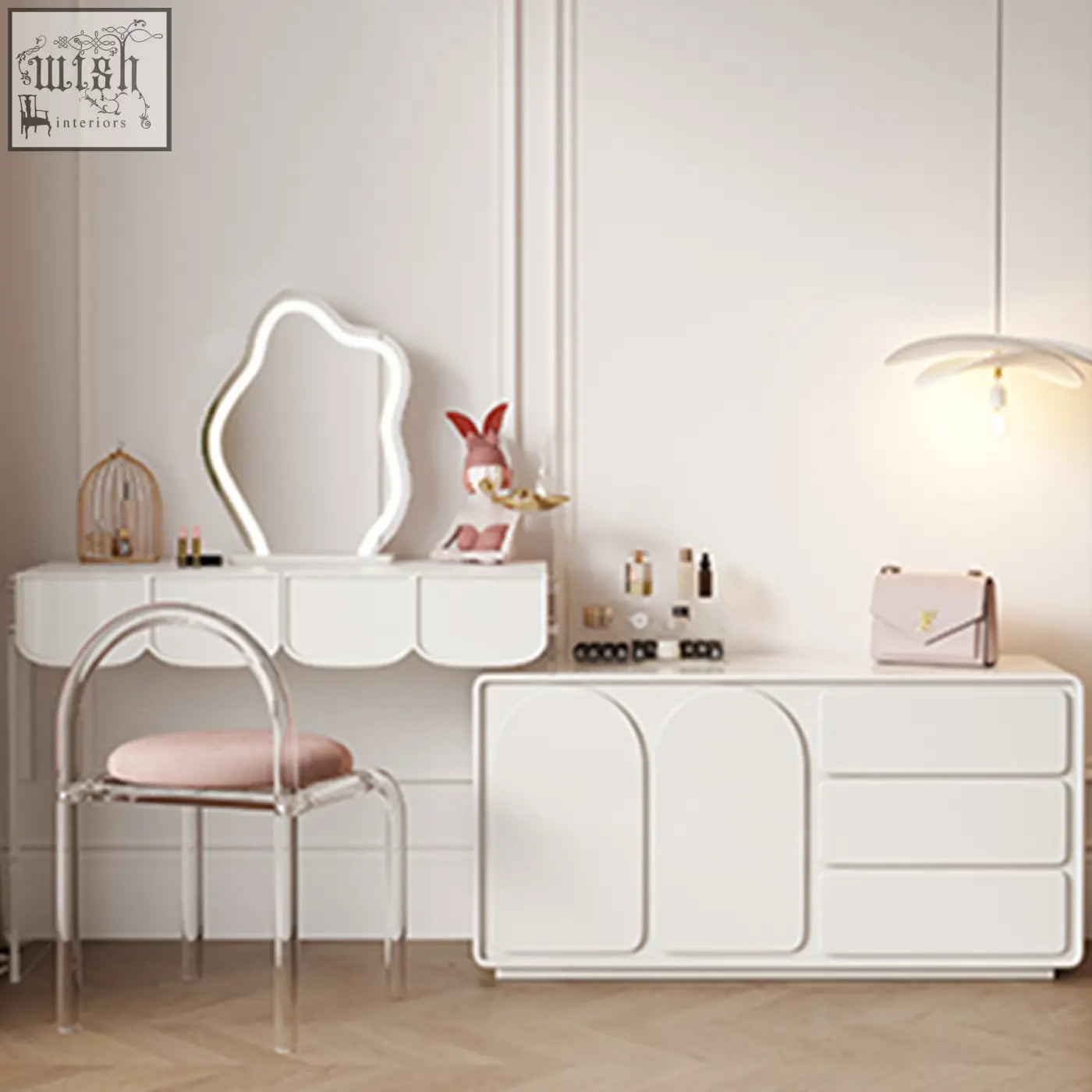White brennan dressing table with scalloped edges and integrated mirror frame for stylish sideboard use