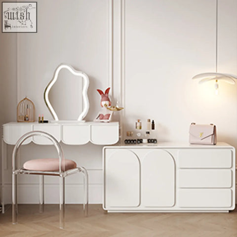 White brennan dressing table with scalloped edges and integrated mirror frame for stylish sideboard use