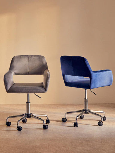 Gray and navy blue velvet home office chairs with chrome bases and casters perfect for a stylish home office setup