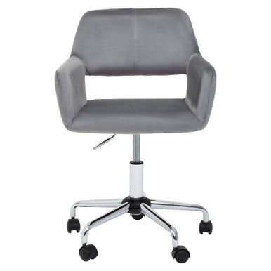 Brent grey velvet home office chair with grey upholstered seat, chrome base, and black casters for easy movement