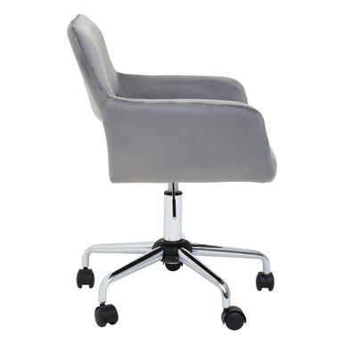 Gray velvet home office chair with chrome base and black casters perfect for a stylish office chair setup