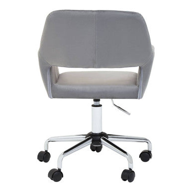 Gray upholstered home office chair with white central column and chrome five-star base for office use