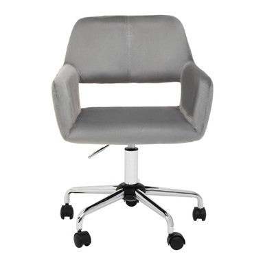 Brent grey velvet and chrome base home office chair with gray upholstered seat and chrome base with black casters
