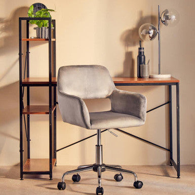 Gray velvet home office chair with chrome base and casters perfect for a stylish home office setup