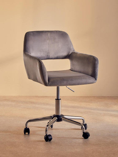 Gray velvet home office chair with chrome base and casters perfect for stylish office setups