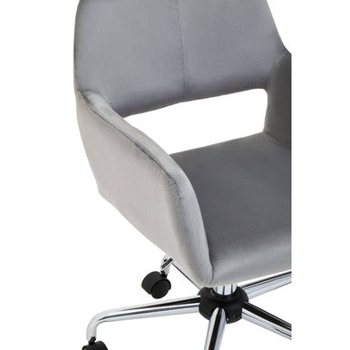Gray velvet home office chair with chrome base and black casters perfect for a stylish home office setup
