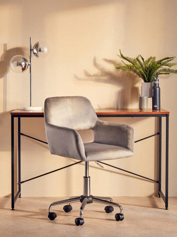 Brent grey velvet and chrome base home office chair with gray velvet upholstery and black casters for home office use
