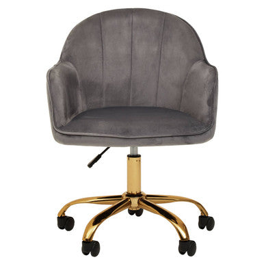 Gray velvet home office chair with gold-tone metal base and casters perfect for stylish office setups