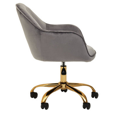 Gray velvet home office chair with gold-tone base and five caster wheels perfect for any home office setup